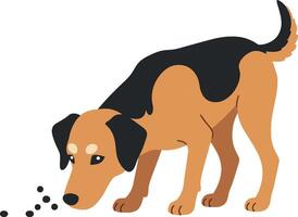 A playful brown and black dog sniffing food bits on a white background in flat art vector