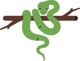 Green snake resting on a brown branch in a minimal flat illustration vector
