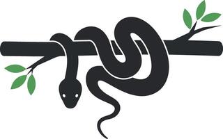 Black snake coiling around a branch with green leaves in minimal art vector