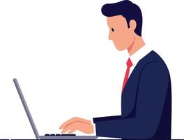 Businessman in a suit working intently on a laptop in a minimal flat illustration vector