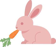 Cute pink rabbit happily munching on a bright orange carrot in a minimal illustration vector