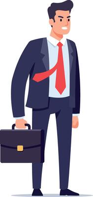 Confident businessman in suit holding briefcase in minimal flat art