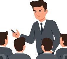 Business meeting with an assertive speaker in a suit delivering a presentation in flat art vector