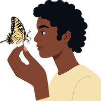 A young person with curly hair gently observing a butterfly in a flat, minimalist style illustration vector
