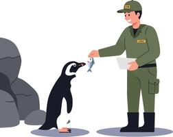 A zookeeper feeding a penguin while standing near rocks in flat art vector