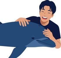 A joyful young man interacting with a playful dolphin in a flat illustration vector