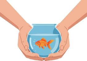 Hands gently holding a fishbowl with a goldfish in a minimal illustration vector