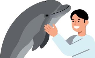 A man interacting with a dolphin in a friendly manner, flat illustration vector