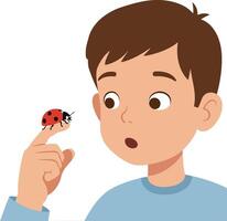 A boy observing a ladybug on his finger in a flat, colorful illustration vector