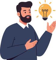 Man presenting an idea with a light bulb, flat illustration showcasing creativity and inspiration in a modern design style vector