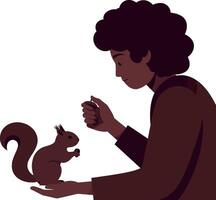 A person feeding a friendly squirrel with an outstretched hand in flat art vector