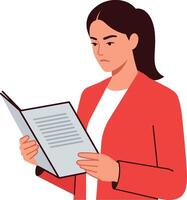 Woman in red blazer reading a document with focus, minimal illustration vector