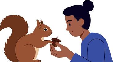 A person feeding a friendly squirrel an acorn in a minimal illustration vector