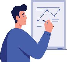 A man in a blue shirt analyzing data on a whiteboard in a flat illustration vector