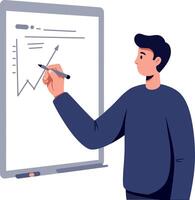 Businessman analyzing data trends with a marker on a whiteboard in flat art vector