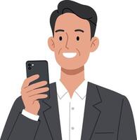 Young man smiling while holding a smartphone in a business suit flat art vector