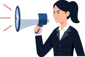 Businesswoman using a megaphone to convey a message in a flat illustration vector