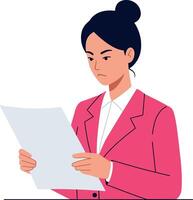 Professional woman in a pink blazer reading a document with a focused expression in flat art vector
