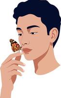 Young man gently interacting with a butterfly in a flat, minimal design illustration vector