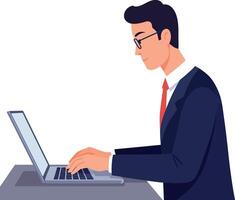 Professional man in a suit focused on typing at a laptop in a minimal flat illustration vector