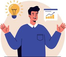 A cheerful man presenting ideas with a lightbulb and a growth chart in flat art vector