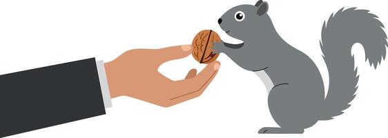 A hand offering a nut to a curious grey squirrel in flat art vector