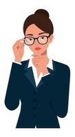 Thoughtful businesswoman adjusting glasses in a professional suit, minimal style illustration vector