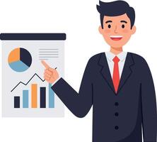 Businessman presenting a report with graphs and charts in a flat illustration vector