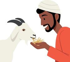 A man feeding a white goat with straw in a friendly interaction, flat illustration vector