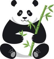 Adorable panda bear sitting and munching on bamboo in a flat illustration vector