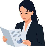 Businesswoman reviewing a report with graphs in a minimal and professional style illustration vector