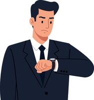 Businessman in a suit checking his watch in a minimal flat design illustration vector