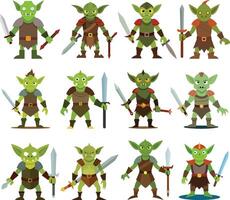 Set of goblin warrior in armor holding a rusty sword vector