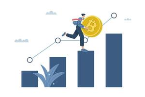 Male investor holding Bitcoin coin running on high growth bar graph, The growth of the price of cryptocurrency, Increasing graph of the value of virtual currency, Crypto market growth climb chart. vector