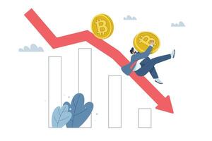 Cryptocurrency price falls, Bitcoin value continues to fall, Crypto trading risks, Male investor holding bitcoin falling following red arrow, Flat design illustration. vector