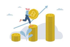 Female investor holding bitcoins running on a stack coins, The growth of the price of cryptocurrency, Increasing graph of the value of virtual currency, Crypto market growth climb chart. . vector