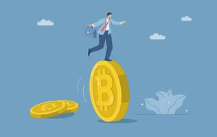Male investor balancing on bitcoins, Risk and high volatility in the cryptocurrency market, Maintaining stability between losses and returns, Bitcoin trading market, design. vector
