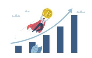The growth of the price of cryptocurrency, Bitcoin, Increasing graph of the value of virtual currency, Blockchain tech, Crypto market growth climb chart, Investor man holding Bitcoins flying high. vector