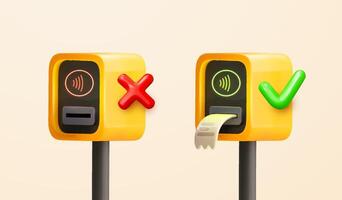 3d cartoon NFC payment terminals showing approved and declined transactions. One POS with green checkmark, other displays error with a red cross, indicating a failed payment. 3D illustration. vector