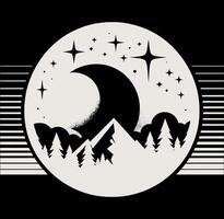 A black and white logo with a moon and trees vector