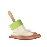 Digital illustration of a melting ice cream bar in three colors green white and brown on a wooden stick against a white background creating a sense of summer warmth vector