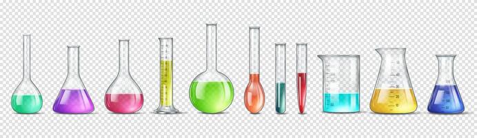Collection of various laboratory glassware filled with colorful liquids placed against a background representing scientific research and experimentation. vector