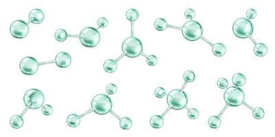 Molecular collagen structure realistic color icons set. Interconnected atomic bonds scientific skincare treatments 3d objects bundle on white vector