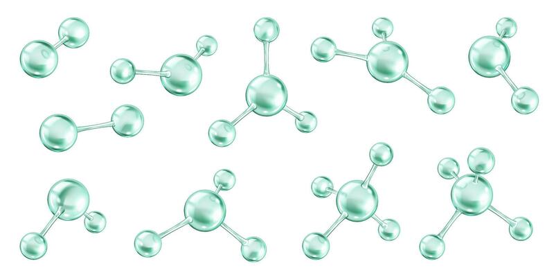 Molecular collagen structure realistic color icons set. Interconnected atomic bonds scientific skincare treatments 3d objects bundle on white