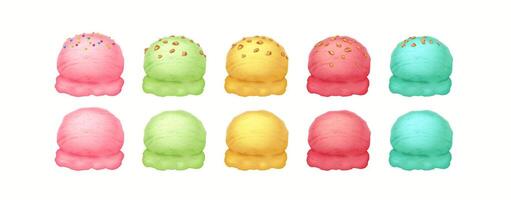 Ten colorful scoops of ice cream with sprinkles and nuts are arranged in rows. The vibrant colors include pink, green, yellow, and blue. They are displayed with a soft, creamy texture. vector