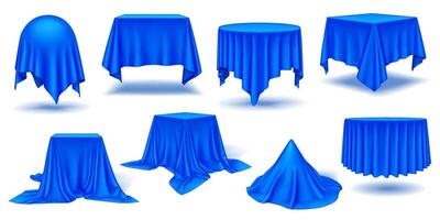 Luxurious blue silk table draping of geometric shapes realistic color icons set. Atmosphere of anticipation 3d objects bundle on white background vector