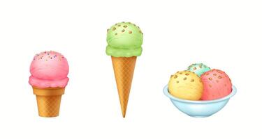 Illustration shows three variations of ice cream a cone with pink sprinkles, a cone with green sprinkles, and a bowl of multicolored scoops. vector