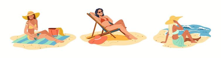 Illustration of three women enjoying a sunny day on a beach. One applies sunscreen, another relaxes on a chair, while the third enjoys the sea view. vector