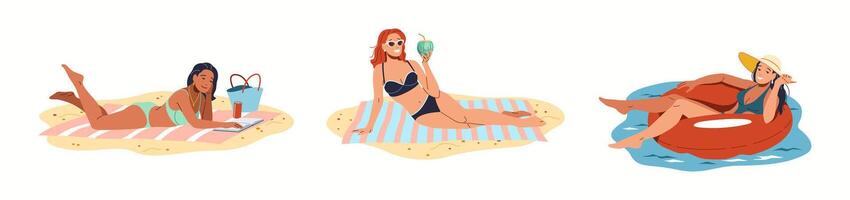Illustration of three women enjoying leisure time at the beach. One reads a book, another drinks from a coconut, and the last one floats on water with a hat. vector