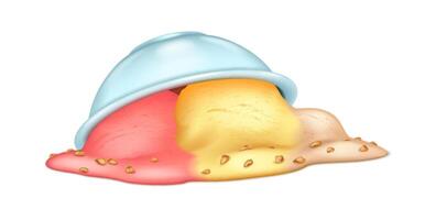 Melting ice cream scoops of various colors spill from overturned blue bowl. Multicolored dessert blends flavors creating vibrant visual appeal with scattered nuts. vector